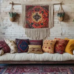 Kolorowy dywan z frędzlami w stylu boho, zawieszony na ceglanej ścianie, stanowi centralny punkt aranżacji. To inspiracja, jak powiesić dywan na ścianie, tworząc przytulną atmosferę.