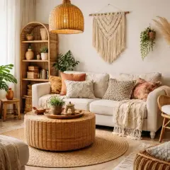 Przytulny salon w stylu boho: pleciony fotel, wiklinowy stolik, makrama na ścianie i mnóstwo roślin tworzą relaksującą atmosferę.