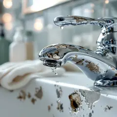 Uszkodzony chrom na baterii łazienkowej, z odpryskującą powłoką i kroplami wody.