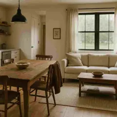 Przytulne wnętrze w stylu farmhouse: drewniany stół z krzesłami, kanapa i stolik kawowy.