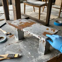 Ręka w niebieskiej rękawiczce dotyka metalowego elementu z odpryskami, przygotowując go do renowacji. Narzędzia do malowania i taśma malarska leżą obok.