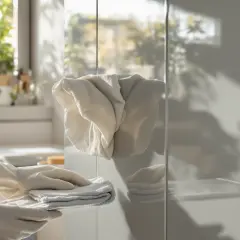 Rękawiczki i ściereczka do czyszczenia mebli z okleiny. Delikatne środki zapewnią im blask.