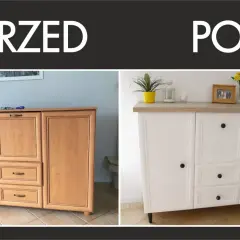 Przed i po renowacji komody: stara, drewniana meblościanka zyskała nowe życie w białej odsłonie.