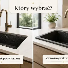 Dwa zlewy granitowe: jeden podblatowy, drugi wpuszczany w blat. Oba z elegancką, złotą baterią.
