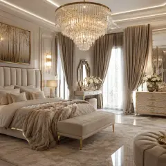 Sypialnia glamour inspiracje: luksusowe łóżko, kryształowy żyrandol, złote detale i eleganckie zasłony tworzą wyrafinowaną przestrzeń.
