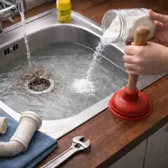 Jak odetkać mocno zatkany zlew? Wsypywanie sody do wody w zlewie, obok czerwonej przepychaczki i klucza.