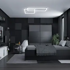 Cały czarny pokój z nowoczesnym łóżkiem, telewizorem i neonowym znakiem Wi-Fi. Idealne miejsce na relaks i rozrywkę.