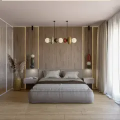 Przytulna sypialnia inspiracje: nowoczesne łóżko, drewniana ściana z podświetleniem, designerskie lampy i szklana szafa tworzą harmonijną przestrzeń.