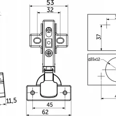 Techniczny rysunek zawiasu tłoczkowego z mechanizmem cichego domykania. Wymiary: 32x45mm, otwór 35mm.