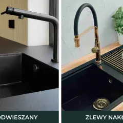 Dwa zlewy kuchenne: podwieszany czarny z czarną baterią i nakładany czarny z złotą baterią. Jaki zawór do baterii kuchennej wybrać?