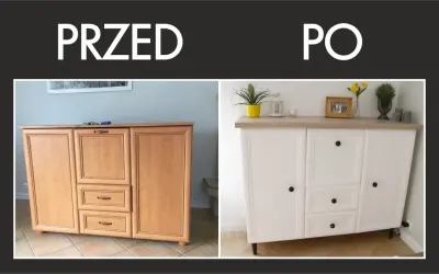 Przed i po renowacji komody: stara, drewniana meblościanka zyskała nowe życie w białej odsłonie.
