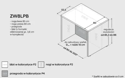 Schemat modułu kuchennego ZW8LPB. Wymiary: szerokość wyspy kuchennej 80 cm, głębokość 52,5 cm, regulacja wysokości 85,3-86 cm.