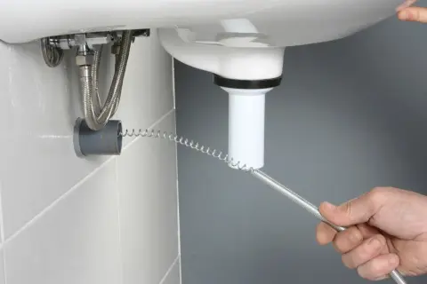 Ręka wprowadza sprężynę do rury odpływowej pod zlewem, pokazując, jak wyczyścić rury w zlewie.