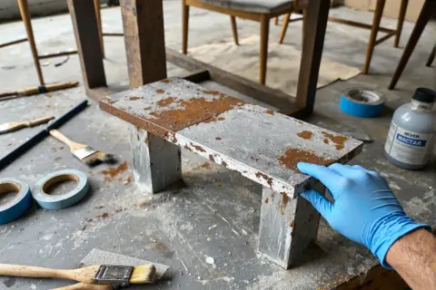 Ręka w niebieskiej rękawiczce dotyka metalowego elementu z odpryskami, przygotowując go do renowacji. Narzędzia do malowania i taśma malarska leżą obok.