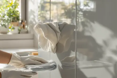 Rękawiczki i ściereczka do czyszczenia mebli z okleiny. Delikatne środki zapewnią im blask.
