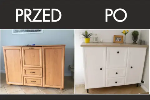Przed i po renowacji komody: stara, drewniana meblościanka zyskała nowe życie w białej odsłonie.