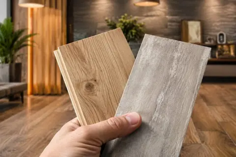 Dłoń trzyma próbki różnych rodzajów podłóg: drewnianą i kamienną.