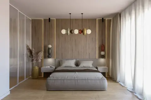 Przytulna sypialnia inspiracje: nowoczesne łóżko, drewniana ściana z podświetleniem, designerskie lampy i szklana szafa tworzą harmonijną przestrzeń.