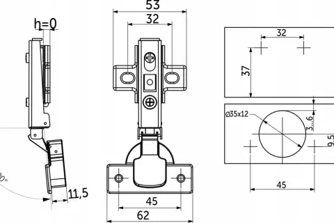 Techniczny rysunek zawiasu tłoczkowego z mechanizmem cichego domykania. Wymiary: 32x45mm, otwór 35mm.