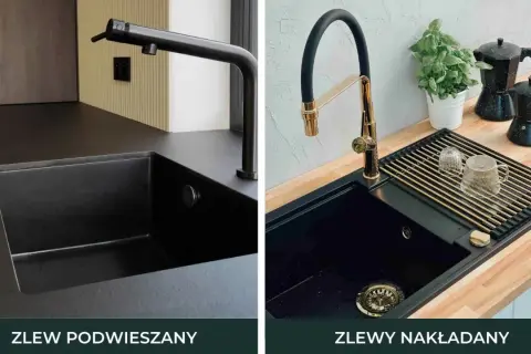 Dwa zlewy kuchenne: podwieszany czarny z czarną baterią i nakładany czarny z złotą baterią. Jaki zawór do baterii kuchennej wybrać?
