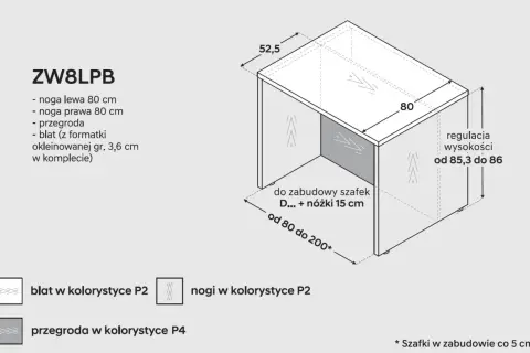 Schemat modułu kuchennego ZW8LPB. Wymiary: szerokość wyspy kuchennej 80 cm, głębokość 52,5 cm, regulacja wysokości 85,3-86 cm.