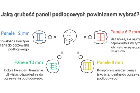 Porównanie grubości paneli winylowych: 12 mm (trwałe, akustyczne), 10 mm (dobra trwałość, tłumienie), 8 mm (kompromis, do ogrzewania), 6-7 mm (najtańsze, tymczasowe).