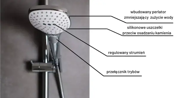Budowa słuchawki prysznicowej: wbudowany perlator, silikonowe uszczelki, regulowany strumień, przełącznik trybów.