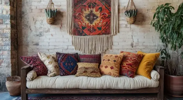 Kolorowy dywan z frędzlami w stylu boho, zawieszony na ceglanej ścianie, stanowi centralny punkt aranżacji. To inspiracja, jak powiesić dywan na ścianie, tworząc przytulną atmosferę.