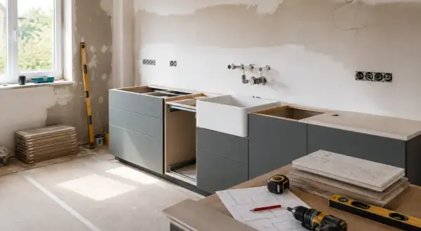 Trwa remont kuchni. Zamontowane szare szafki, biały zlew, widoczne narzędzia i plany.