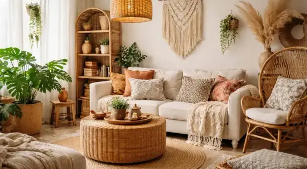 Przytulny salon w stylu boho: pleciony fotel, wiklinowy stolik, makrama na ścianie i mnóstwo roślin tworzą relaksującą atmosferę.