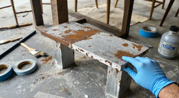 Ręka w niebieskiej rękawiczce dotyka metalowego elementu z odpryskami, przygotowując go do renowacji. Narzędzia do malowania i taśma malarska leżą obok.