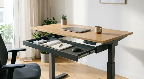 Nowoczesne biurko przy kaloryferze, z wysuwaną szufladą na notatki i laptopa.