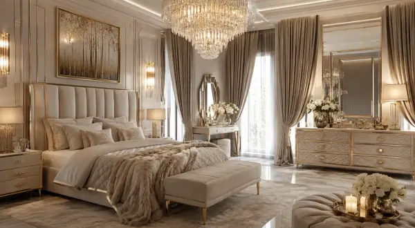Sypialnia glamour inspiracje: luksusowe łóżko, kryształowy żyrandol, złote detale i eleganckie zasłony tworzą wyrafinowaną przestrzeń.