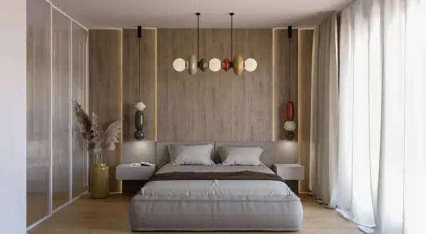 Przytulna sypialnia inspiracje: nowoczesne łóżko, drewniana ściana z podświetleniem, designerskie lampy i szklana szafa tworzą harmonijną przestrzeń.