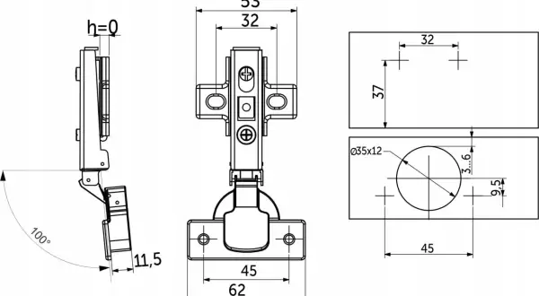 Techniczny rysunek zawiasu tłoczkowego z mechanizmem cichego domykania. Wymiary: 32x45mm, otwór 35mm.