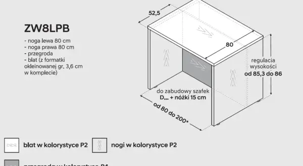 Schemat modułu kuchennego ZW8LPB. Wymiary: szerokość wyspy kuchennej 80 cm, głębokość 52,5 cm, regulacja wysokości 85,3-86 cm.