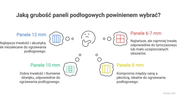 Porównanie grubości paneli winylowych: 12 mm (trwałe, akustyczne), 10 mm (dobra trwałość, tłumienie), 8 mm (kompromis, do ogrzewania), 6-7 mm (najtańsze, tymczasowe).