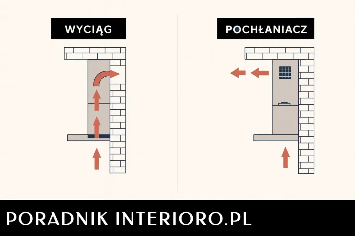Porównanie wyciągu i pochłaniacza. Czy okap jest potrzebny? Schemat pokazuje różnicę w działaniu wentylacji.