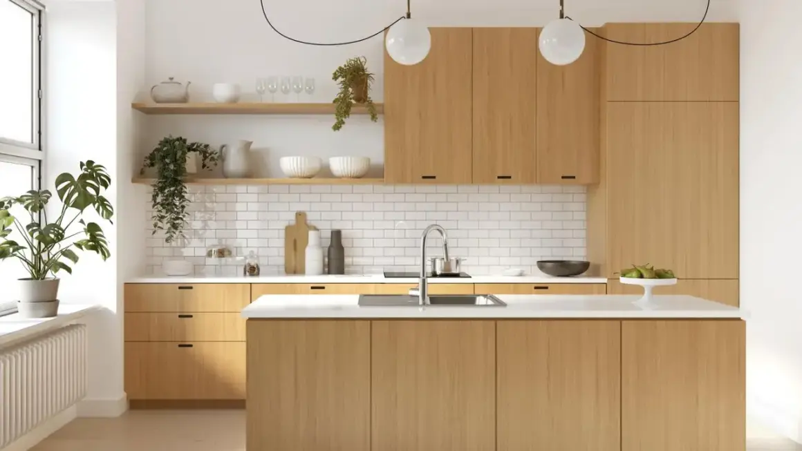 Nowoczesna kuchnia taupe i drewno. Jasne, drewniane fronty szafek i wyspa kuchenna tworzą ciepłą atmosferę. Białe płytki i blat dodają elegancji.