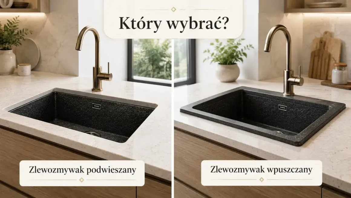 Dwa zlewy granitowe: jeden podblatowy, drugi wpuszczany w blat. Oba z elegancką, złotą baterią.