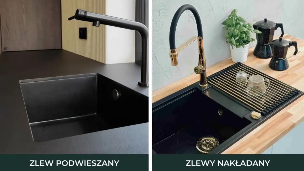 Dwa zlewy kuchenne: podwieszany czarny z czarną baterią i nakładany czarny z złotą baterią. Jaki zawór do baterii kuchennej wybrać?