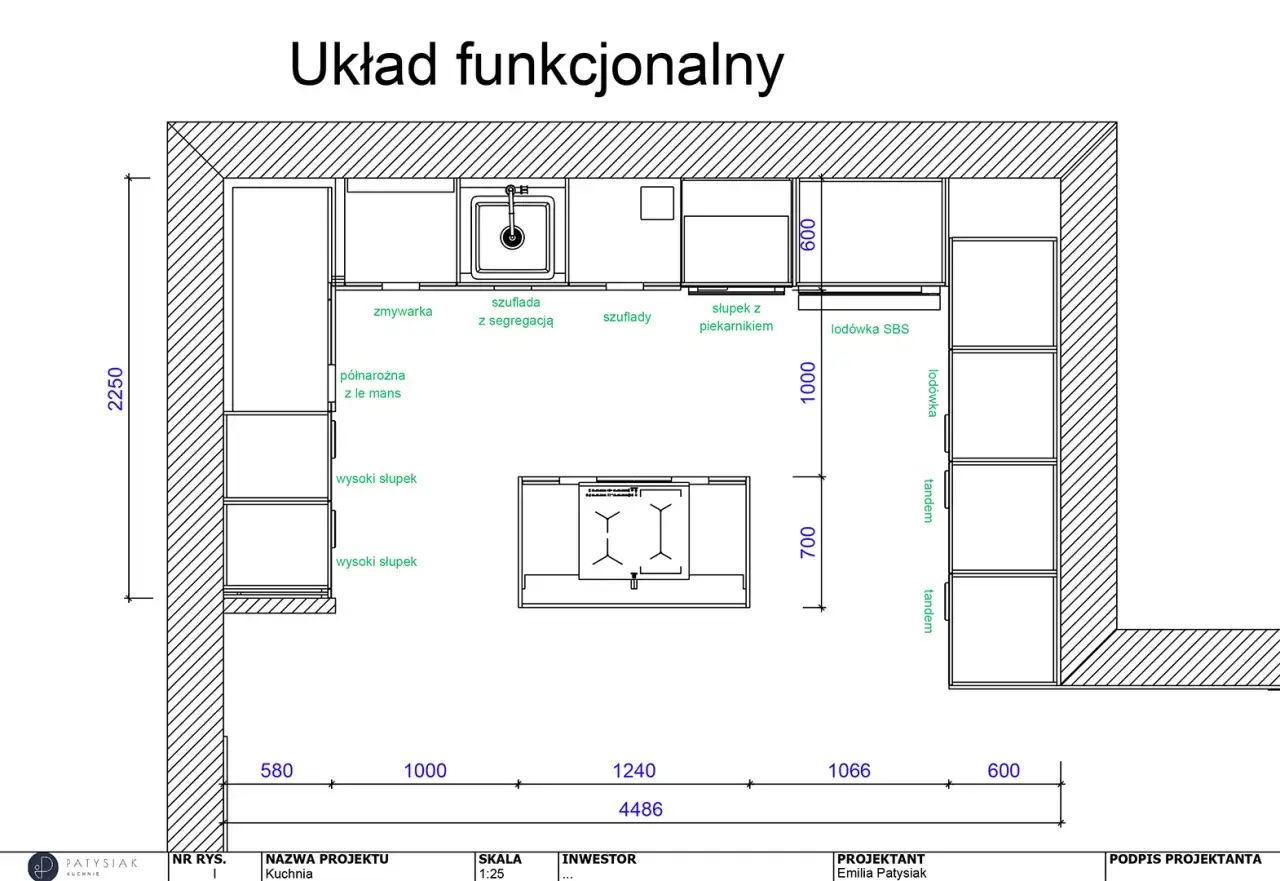 Projekt mieszkania: funkcjonalny układ kuchni z wyspą, lod&oacute;wką SBS, piekarnikiem i miejscem na zmywarkę.