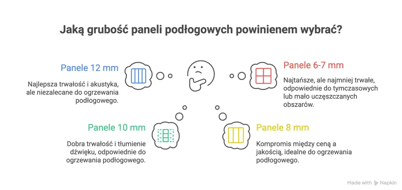 Porównanie grubości paneli winylowych: 12 mm (trwałe, akustyczne), 10 mm (dobra trwałość, tłumienie), 8 mm (kompromis, do ogrzewania), 6-7 mm (najtańsze, tymczasowe).