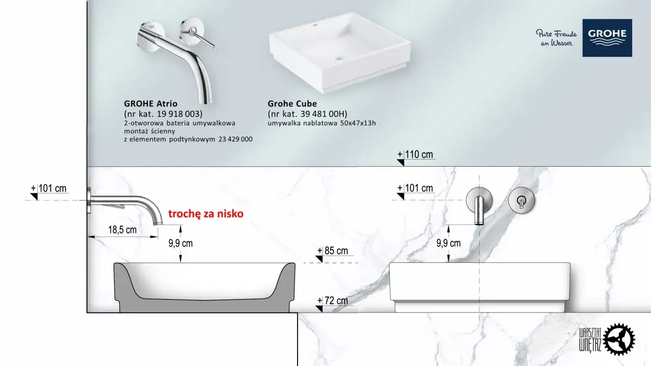 Wymiary baterii ściennej GROHE Atrio i umywalki nablatowej Grohe Cube. Odległość baterii od umywalki nablatowej wynosi 9,9 cm.