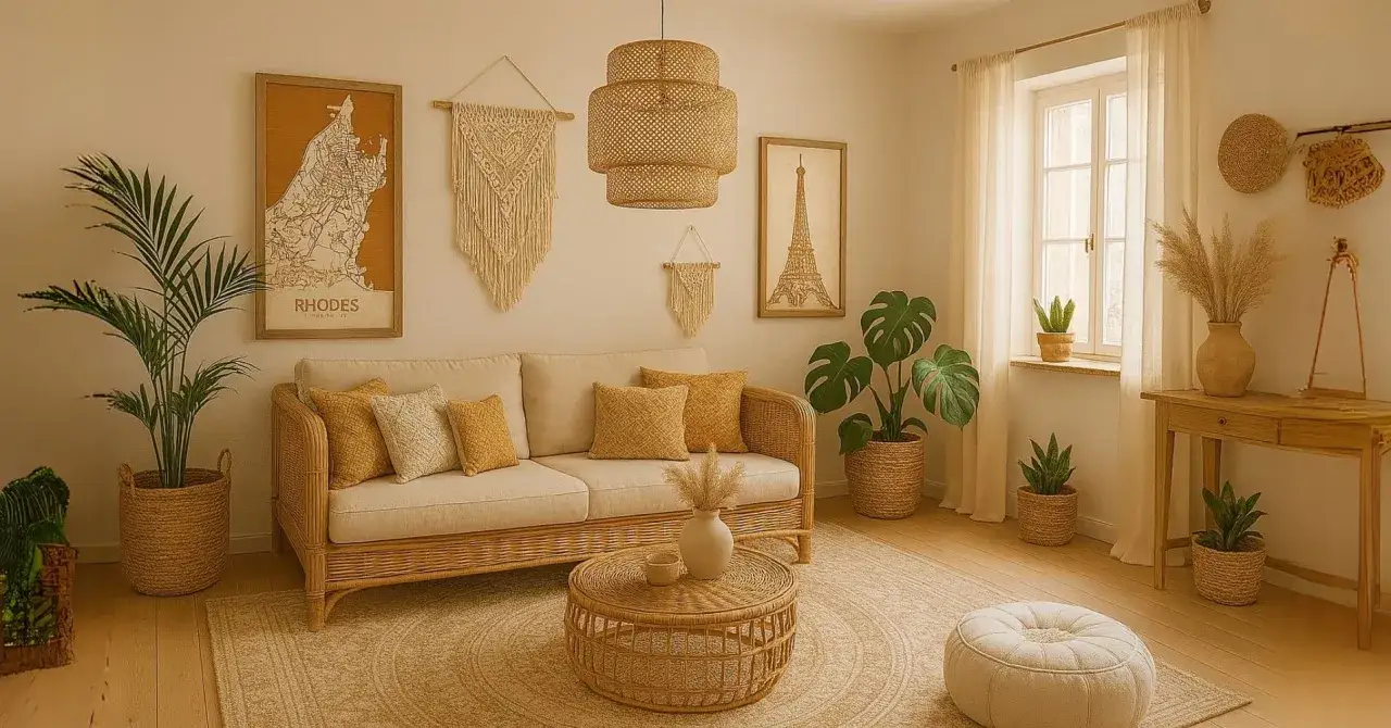 Przytulny salon w stylu boho. Rattanowa sofa, makramy, plecione lampy i mn&oacute;stwo roślin tworzą relaksującą atmosferę.