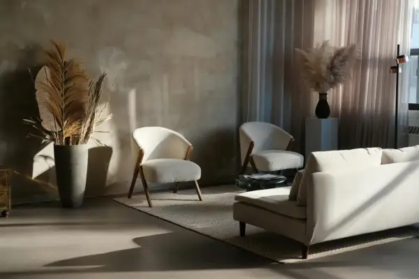 Przytulny salon w stylu japandi. Jasne fotele, sofa i dywan tworzą spokojną atmosferę. Suche trawy dodają naturalnego akcentu.
