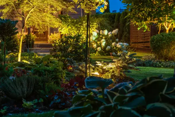 Oświetlenie ogrodu inspiracje: magiczna nocna sceneria z podświetlonymi drzewami, krzewami i kwiatami.