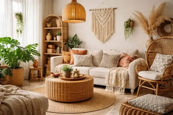 Przytulny salon w stylu boho: pleciony fotel, wiklinowy stolik, makrama na ścianie i mnóstwo roślin tworzą relaksującą atmosferę.