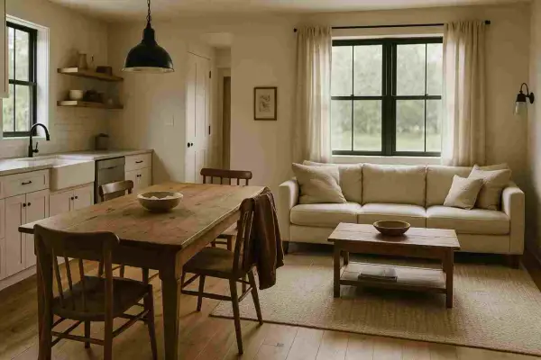Przytulne wnętrze w stylu farmhouse: drewniany stół z krzesłami, kanapa i stolik kawowy.