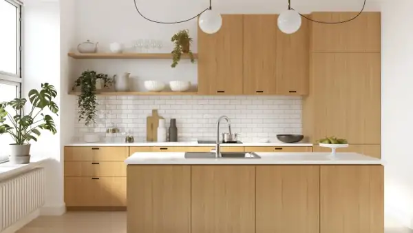Nowoczesna kuchnia taupe i drewno. Jasne, drewniane fronty szafek i wyspa kuchenna tworzą ciepłą atmosferę. Białe płytki i blat dodają elegancji.